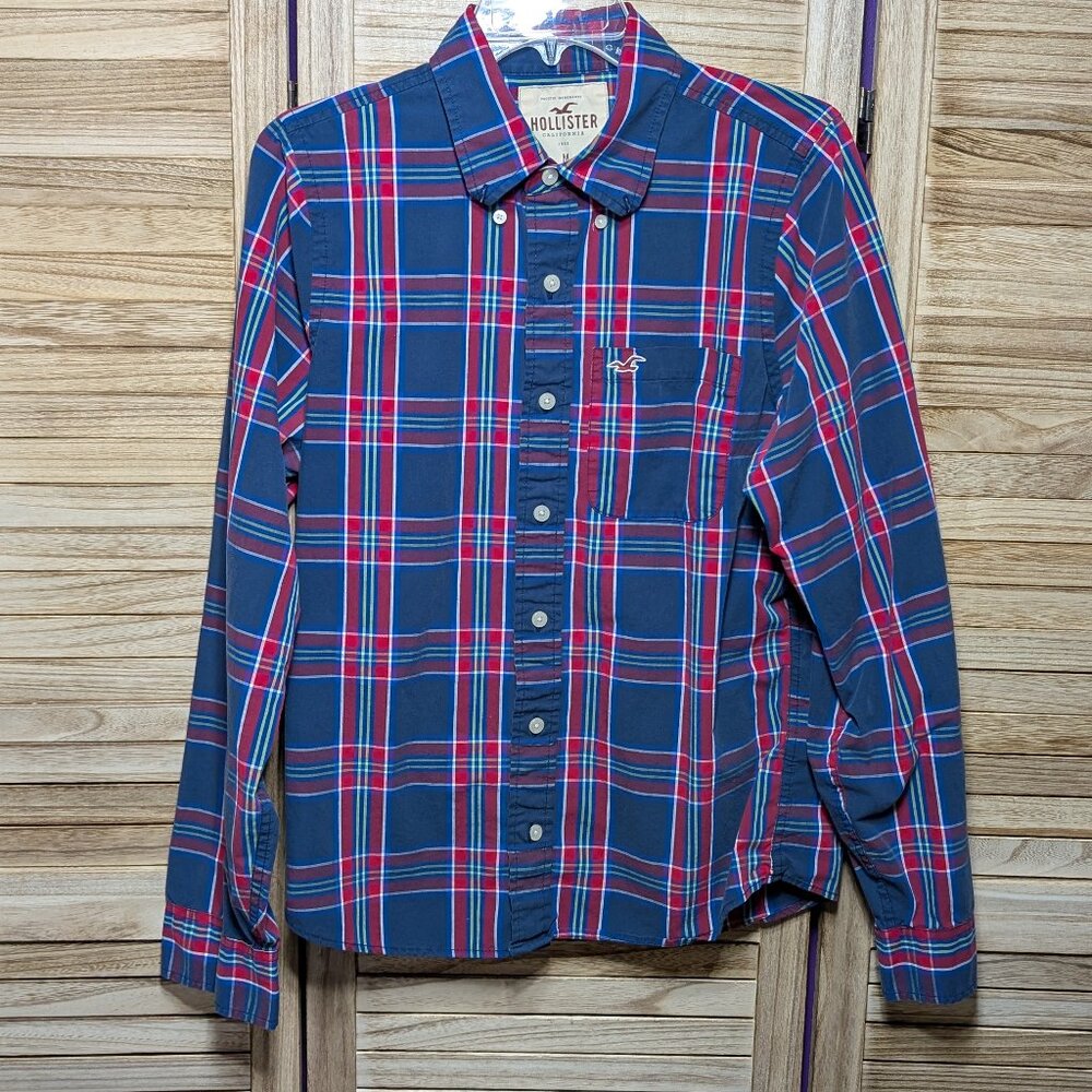 Hollister Plaid Button Down Shirt Navy and Red Size Med